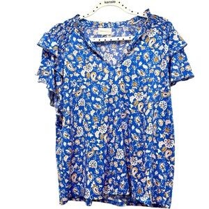 MELLODAY Blue Floral short ruffle sleeves top size L